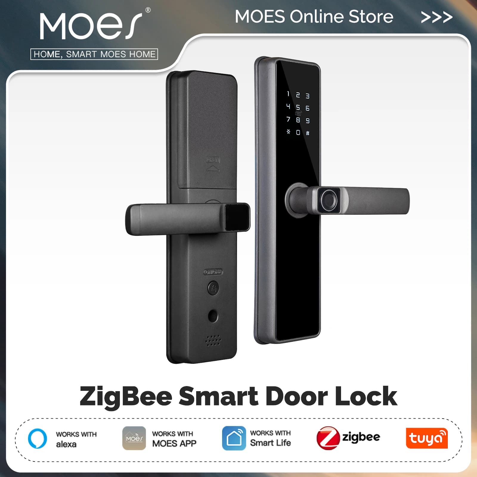 MOES Tuya ZigBee Smart Door Lock Indoor Password Fingerprint Remote Unlock Keycard Tamper Alarm lavoro alimentato a batteria con Alexa