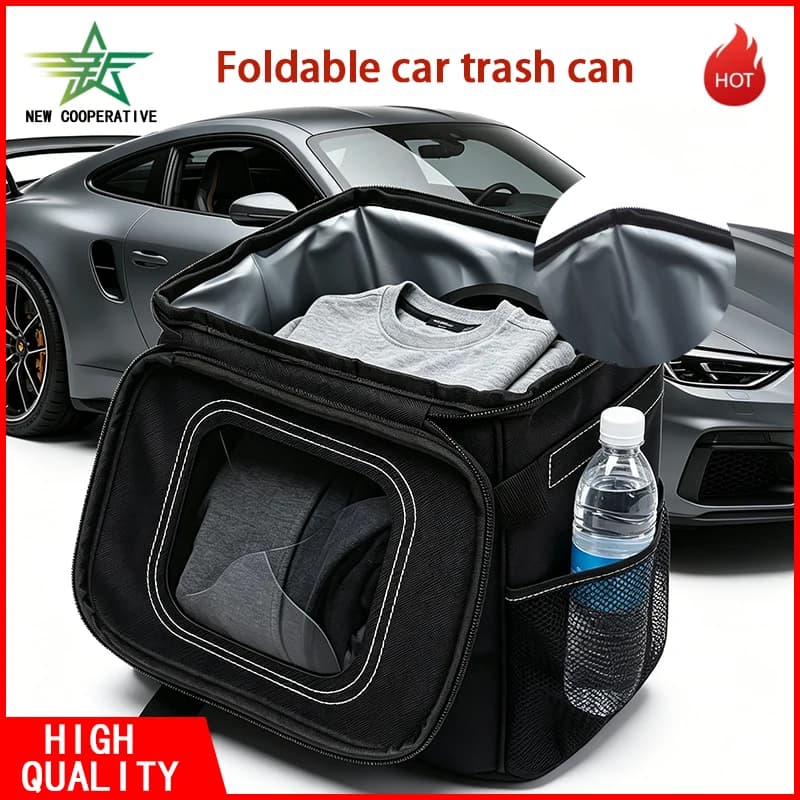 Foldable Car Trash Can Waterproof Lining Hanging Car Storage Bag with Mesh Pockets for Car Organizer