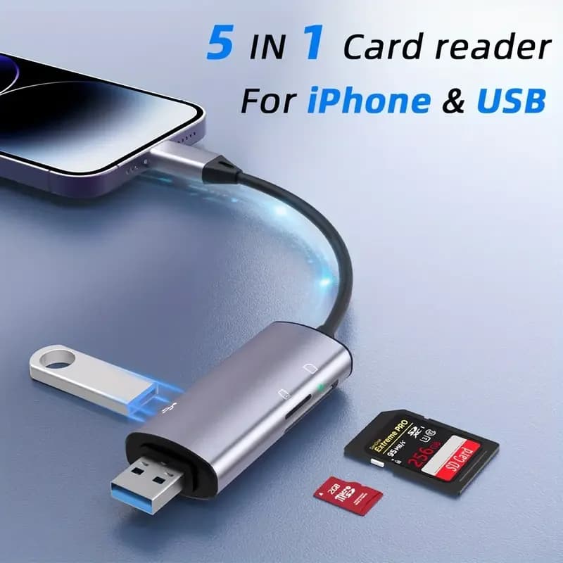 SD card reader for iPhone, HUB USB 3.0 adapter with SD ports TF, Plug N Play, double slot for cards, memory card reader, 5 in 1