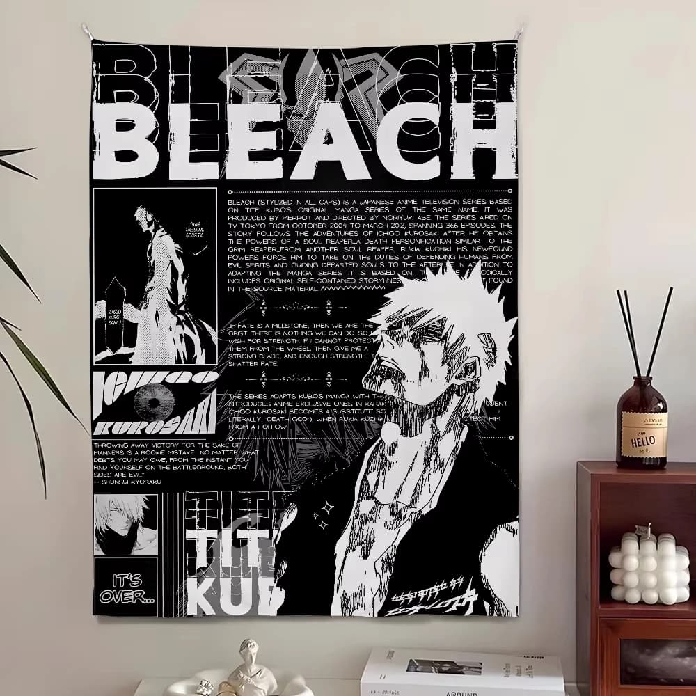 Bleach Monochrome Manga Collage Wall Tapestry, Ichigo Kurosaki Anime Art Print, Stylish Wall Hanging for Bedroom Dorm Room Decor