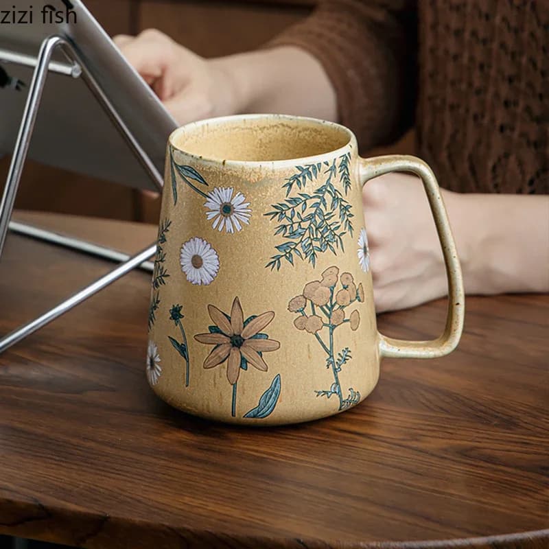 710ml Large Capacity Ceramic Mug Vintage Floral Pattern Coffee Cup Beer Cup Beverage Cup Household Water Cups Beverage Utensils