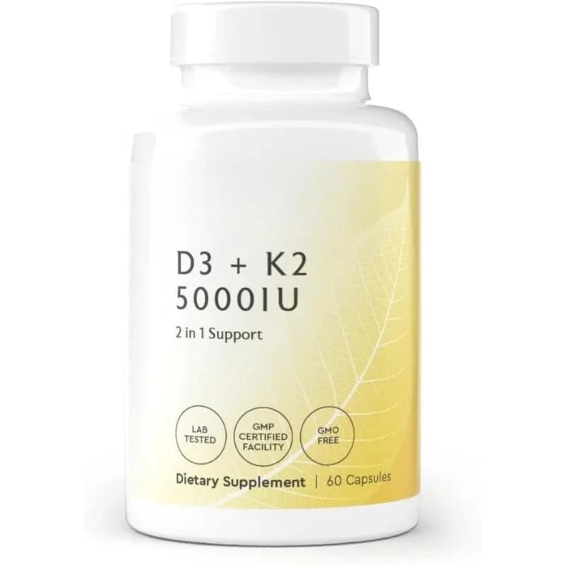 Vitamin D3 supplement K2 -5000 IU D3, 50 mcg K1, 15 mcg K2 MK-7- Non-GMO bone and immune support, vegetarian capsules