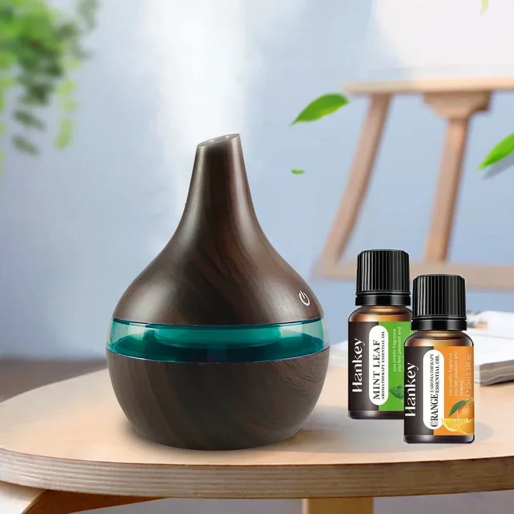 Umidificatore a venature del legno da 300 ml, diffusore di oli essenziali, alimentato tramite USB, include 2 oli aromatici
