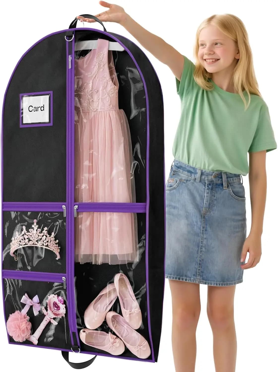 Borsa porta abiti trasparente da 40 pollici per danza, cheerleading e viaggi con 3 scomparti con cerniera