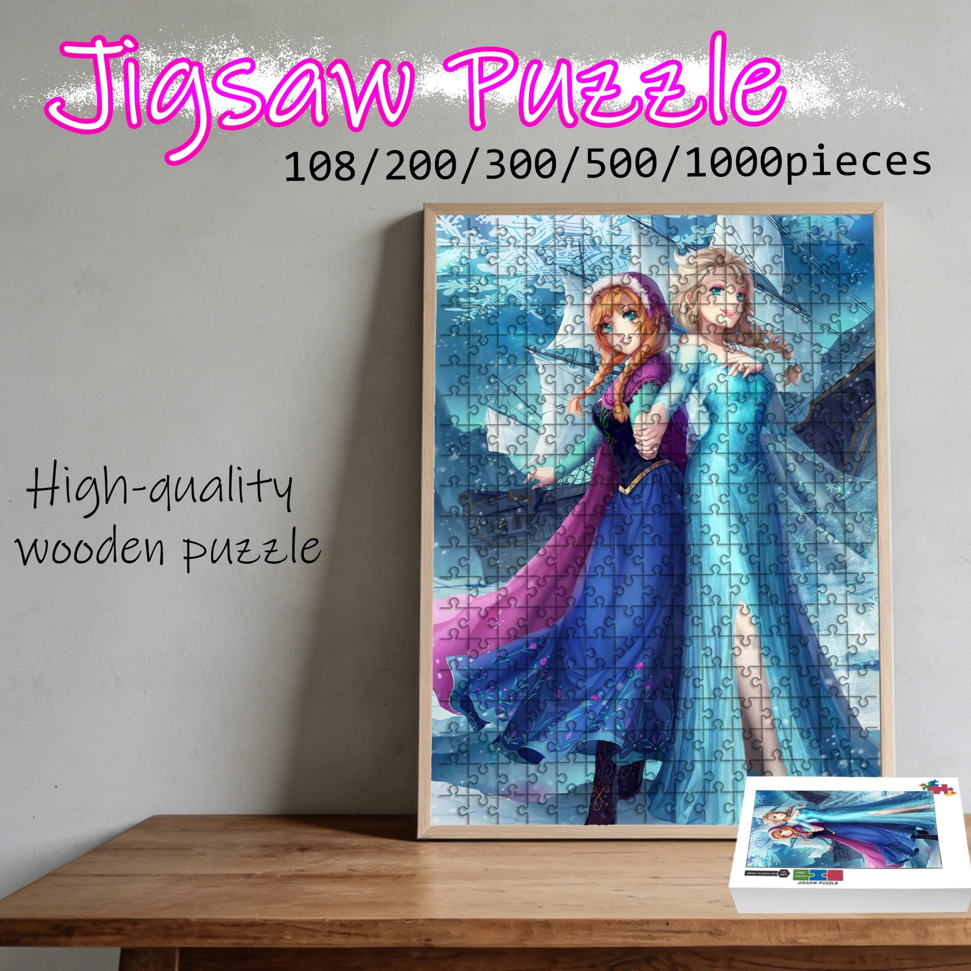 Puzzle in Legno 108/200/300/500/1000 Pezzi, Scena di Frozen con Elsa e Anna, Legno di Alta Qualità, Decorazione Fantasiosa per Camera da Letto
