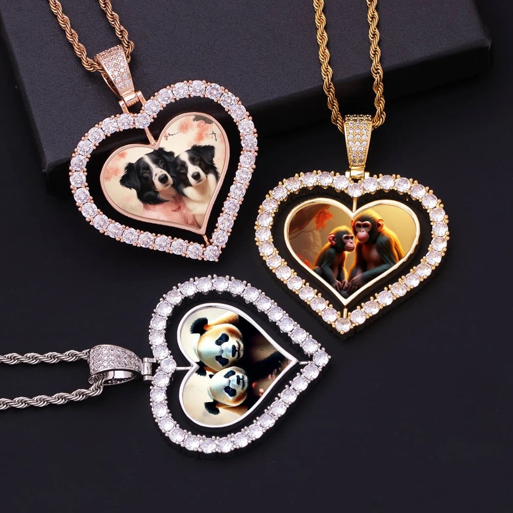 New icy fashion sublimation heart shape memory image pendant HipHop double rotating CZ heart frame photo necklace jewelry