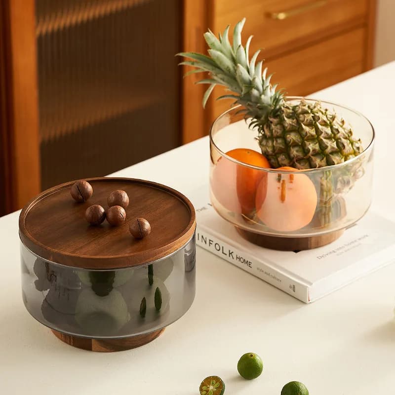 Vassoio in Legno di Acacia con Ciotola in Vetro per Frutta, Vassoio Rialzato per Frutta, Vassoio da Tavolo per Snack, Caramelle e Frutta Secca per Soggiorno
