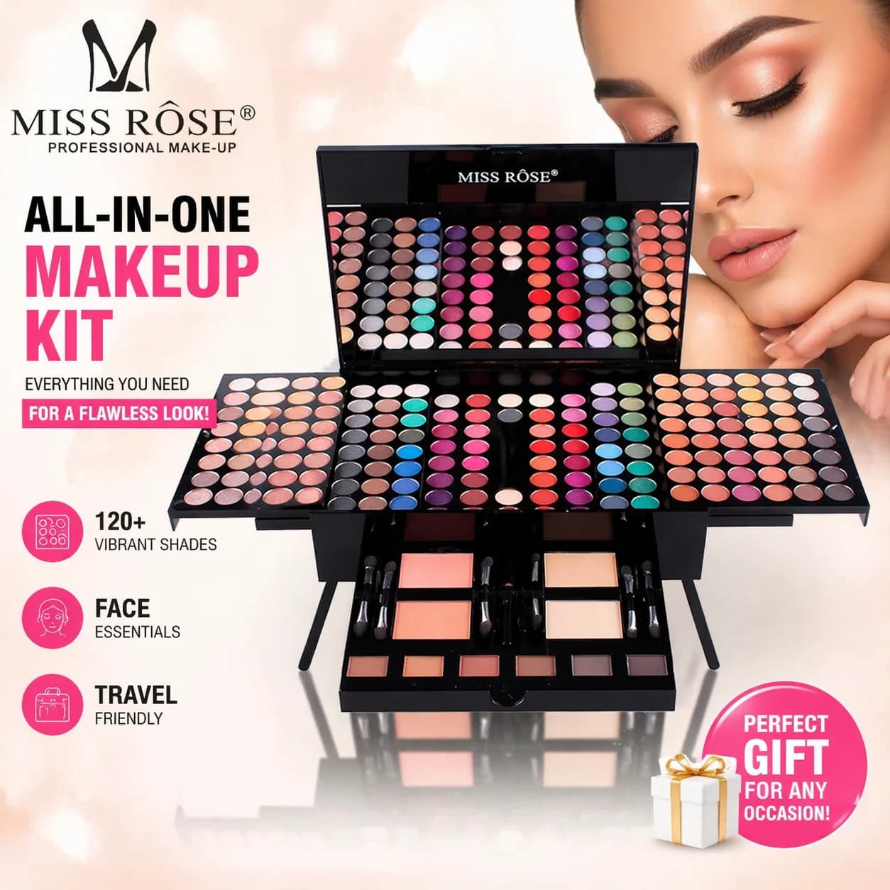 Professional 190-Color Eyeshadow Blush Eyebrow Powder 4-in-1 Makeup Palette with Mirror And Brush Set for Natural Look Makeup