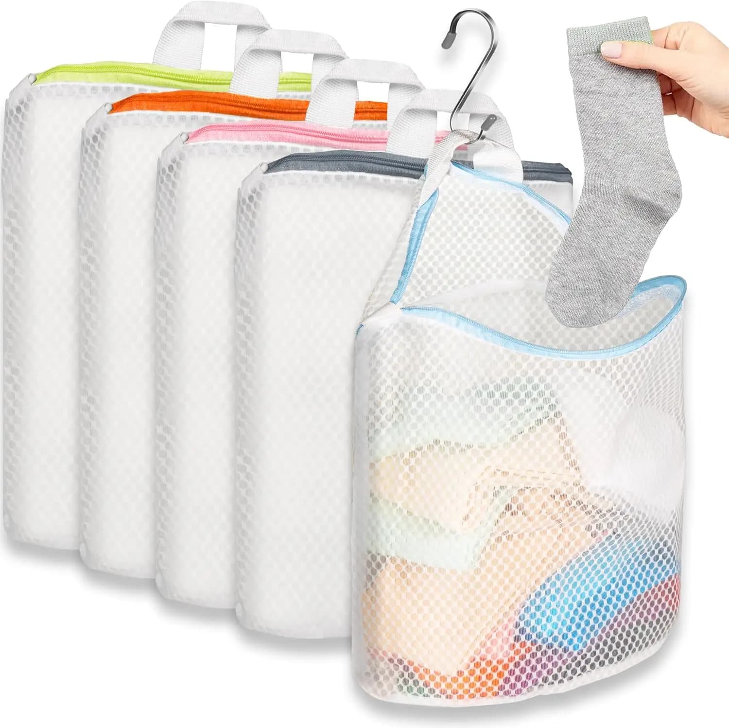 Confezione da 5 Sacchetti a Rete per Lavaggio Calzini con Ganci a S, 12x10 Pollici, 5 Colori, Lavabili in Lavatrice