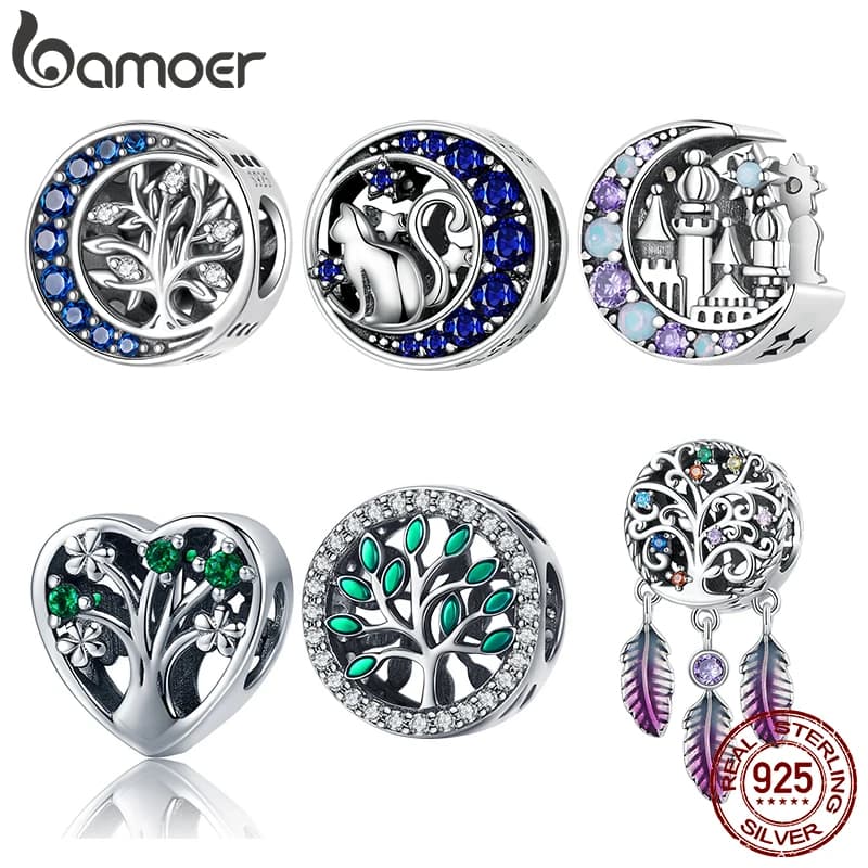 Bamoer 925 Sterling Silver Blue Tree of Life Charm Cute Moon Cat Dream Catcher Pendant Bead for Women Bracelet DIY Fine Jewelry