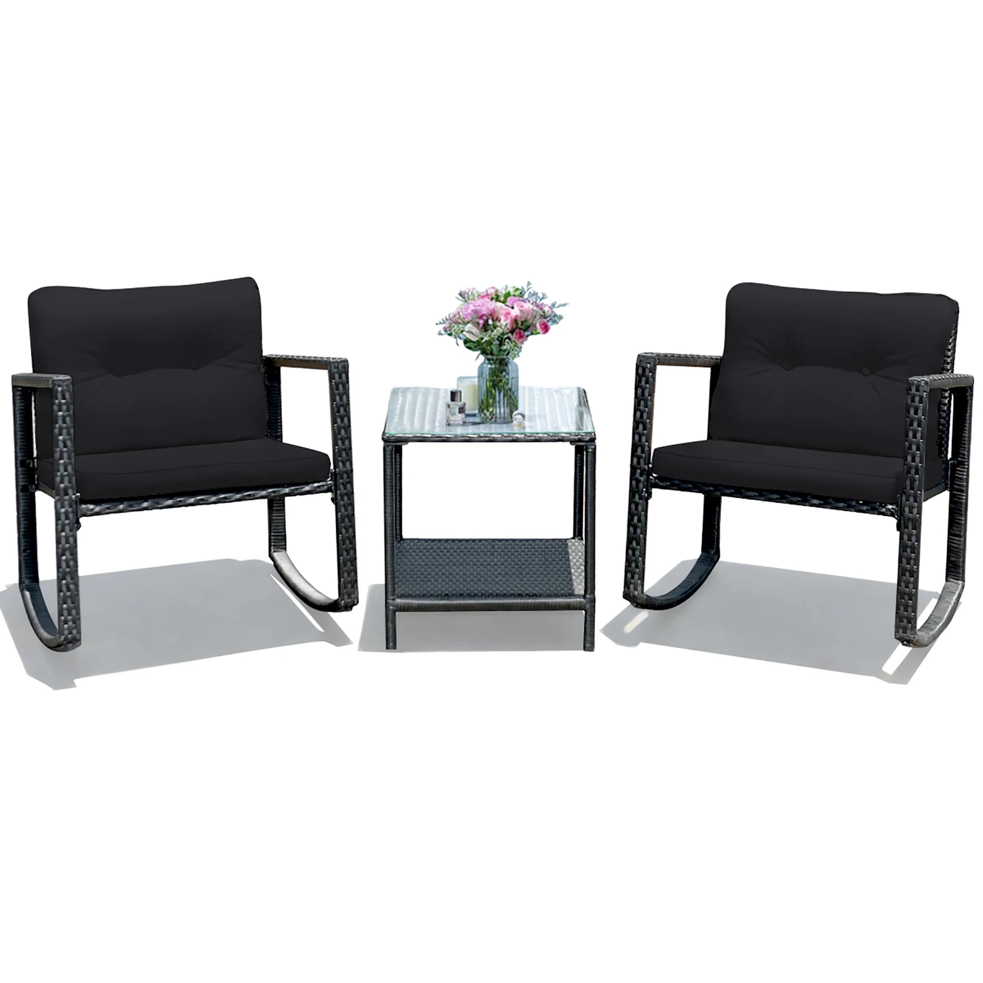 Rattan furniture set with 3 pieces black upholstered sofa rocking chairs