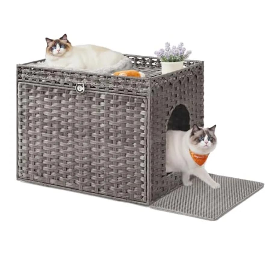 Mobiletto per lettiera per gatti in rattan intrecciato a mano, lettiera nascosta con tappetino extra e vassoio rimovibile lavabile, stile Boho
