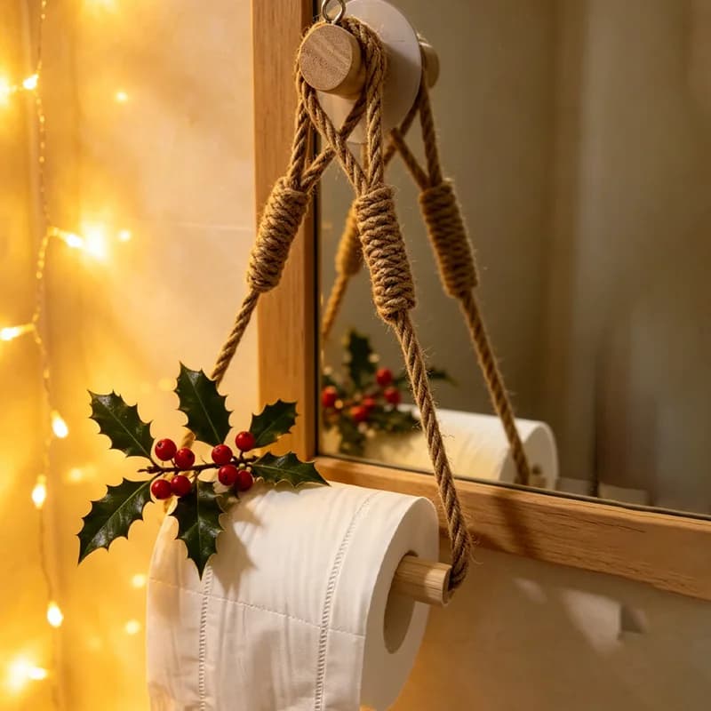 Handmade Wooden Rod Hemp Rope Paper Holder, Creative Wall Mount Toilet Roll & Towel Hanging Rack