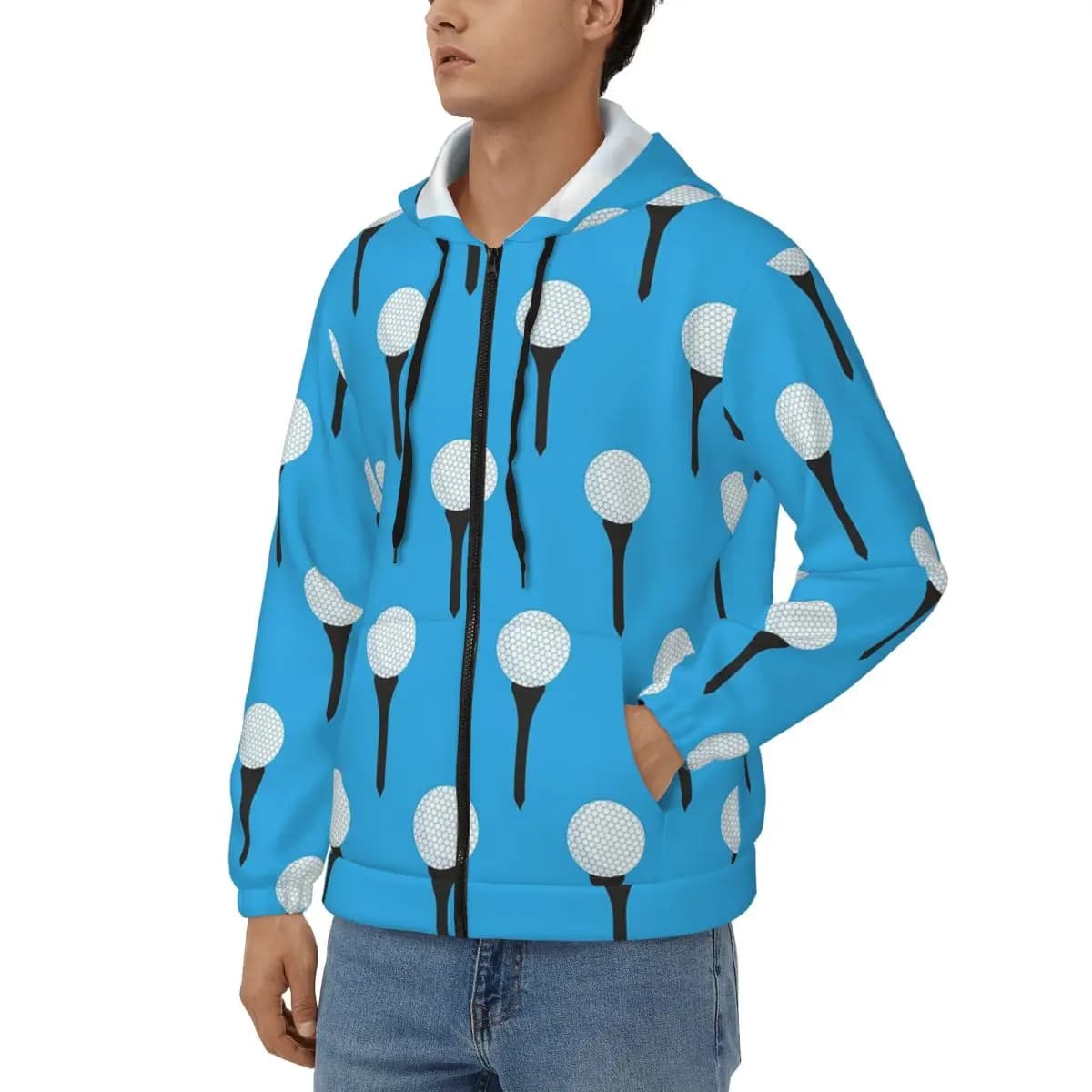 Golf Ball And Tee Pattern (Cyan Blue) Zipper Hoodie Harajuku Pullover Autumn Winter Men's Women's Sweatshirt Long Sleeve Tops