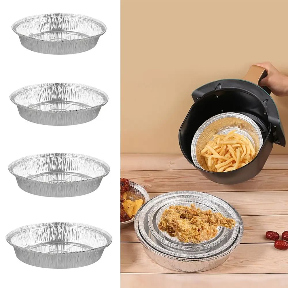 50Pcs Portable Silver Foil Trays Round Disposable Foil Flan Dishes Non-Stick Air Fryer Tin Foil Box Baking