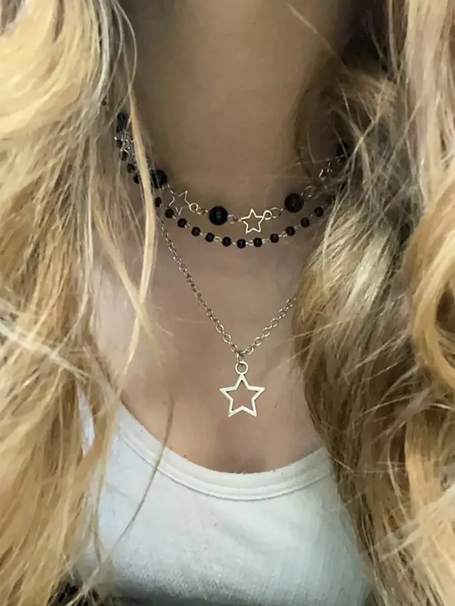 3pcs Star Beaded Layered Necklace Set Y2K Gothic Style For Women