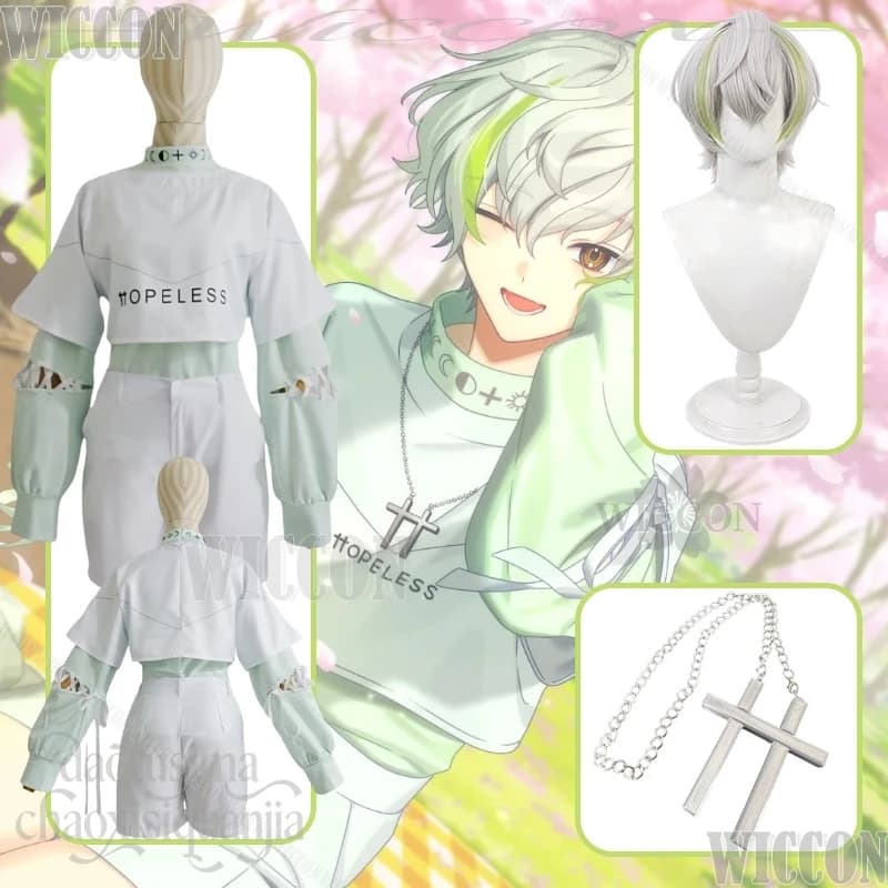 Costume Cosplay Game 18TRIP L4mps Shiramitsu Toi, Top Corto Bianco Stile Y2K Punk, Pantaloncini Bianchi, Collana, Parrucca, per Natale e Carnevale