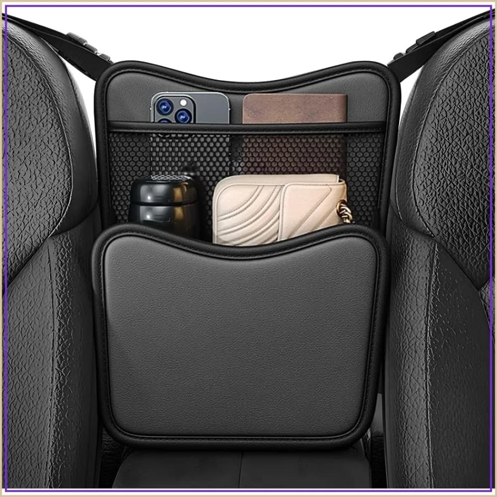 Car Organizer Storage Between Seats, Nappa Leather Front Seat Storage Bag with Tissue Holder, Automotive Console Hanging Net Pocket Handbag Holder for Phone Document