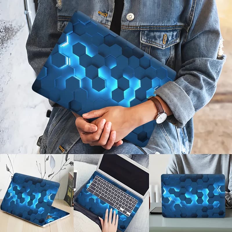 Adesivo per laptop con motivo esagonale blu luminoso | Adesivo in vinile per laptop da gaming (12/13/14/15.6 pollici) per MacBook, HP, Dell