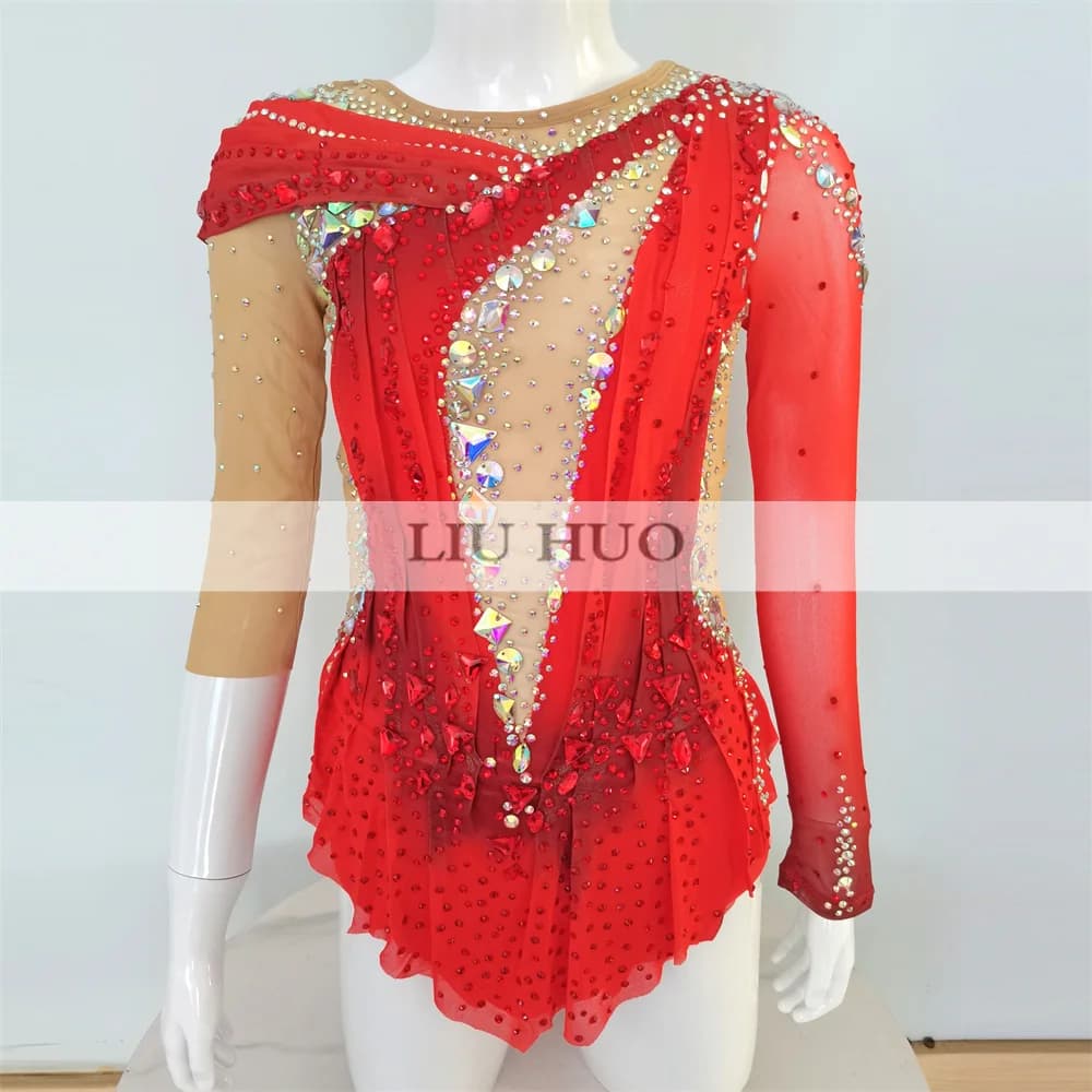 LIUHUO Vestito da Pattinaggio di Figura Donna Ragazza Prestazioni sul Ghiaccio Ginnastica Ritmica Concorso Body Danza Balletto Rosso Aerobico Adolescenti