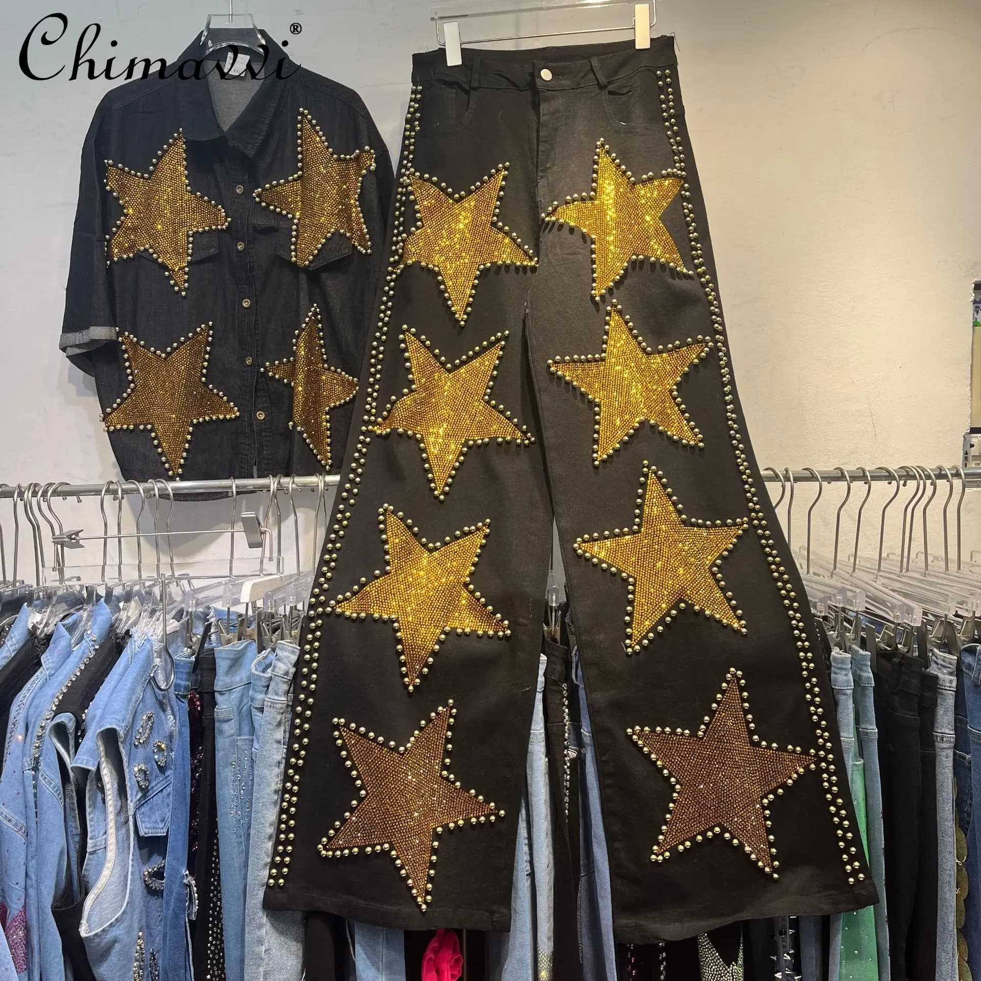 Camicia di jeans di grandi dimensioni da donna 2025 Autunno Nuova stazione europea Heavyrivets Jeans stella a cinque punte Abiti di moda larghi