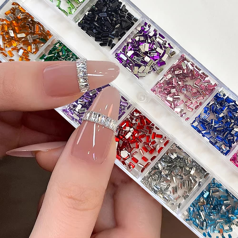 12 Griglie di Mini Strass Rettangolari Misti in Zirconio, Cristalli 3D Colorati da 3mm, Glitter di Lusso per Unghie, Gemme Bianche/Rosa, Diamanti Flatback