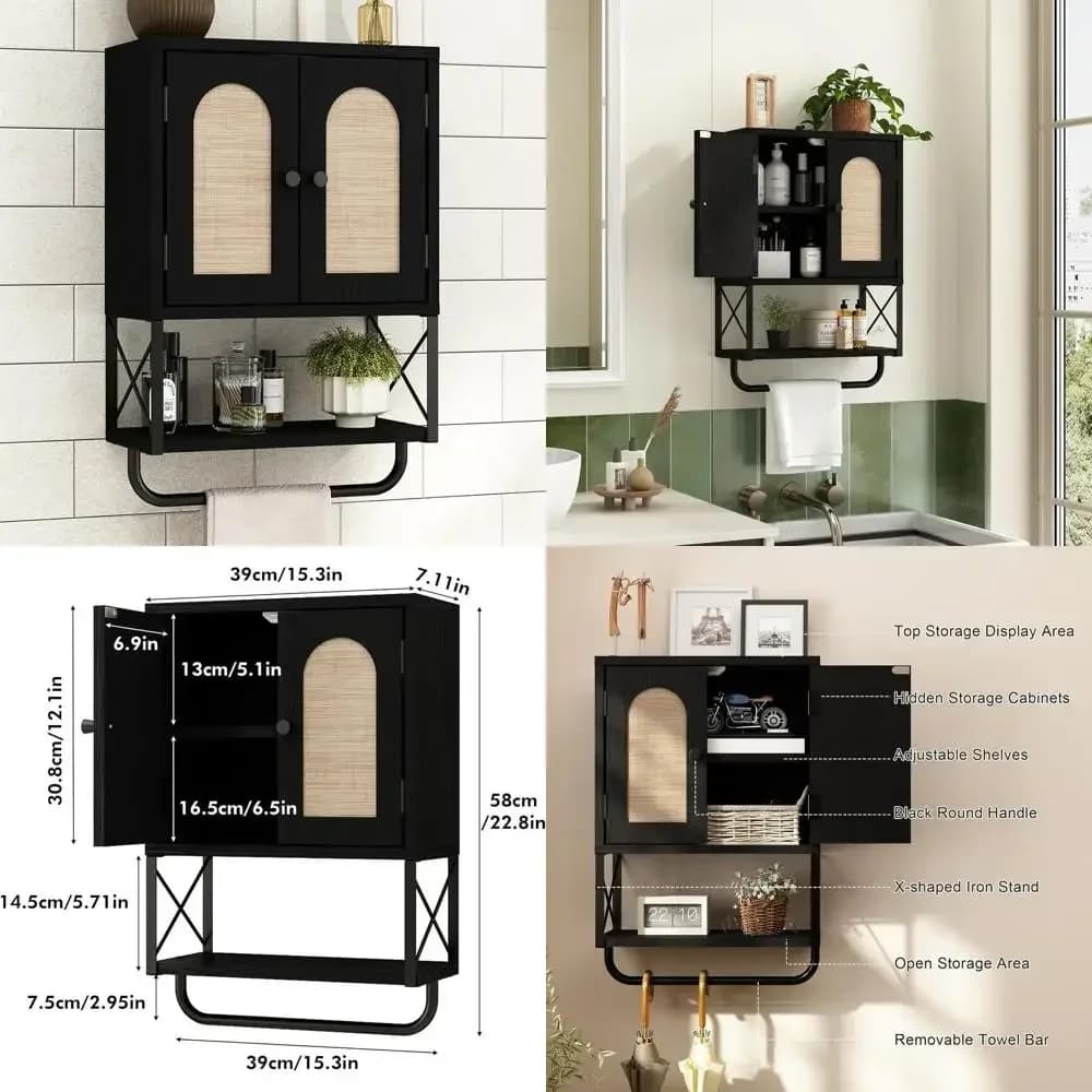 Piccolo mobiletto da parete in rattan nero stile boho con anta ad arco, portaoggetti sopra il WC, ripiani regolabili e portasciugamani