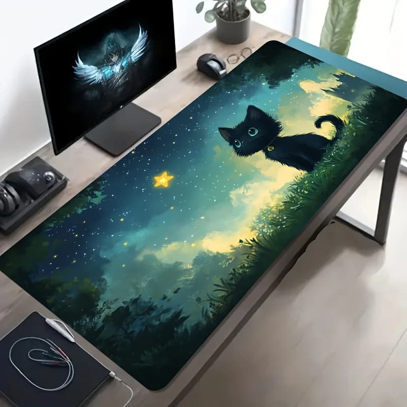 Gaming mouse pad with a black cat that looks at a yellow star pattern under the starry sky.
