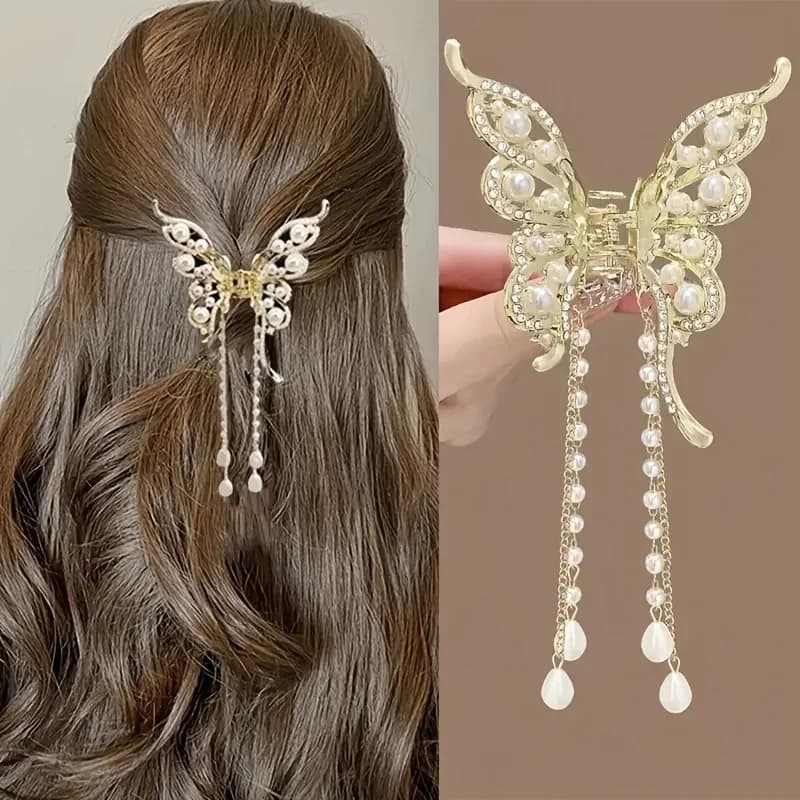 1pc Butterfly Tassel Claw Clip, Summer Metal Hair Clip for Women, Back of Head Hair Clamp, Tassel Quantity Random, Actual Product May Vary but Does Not Affect Use