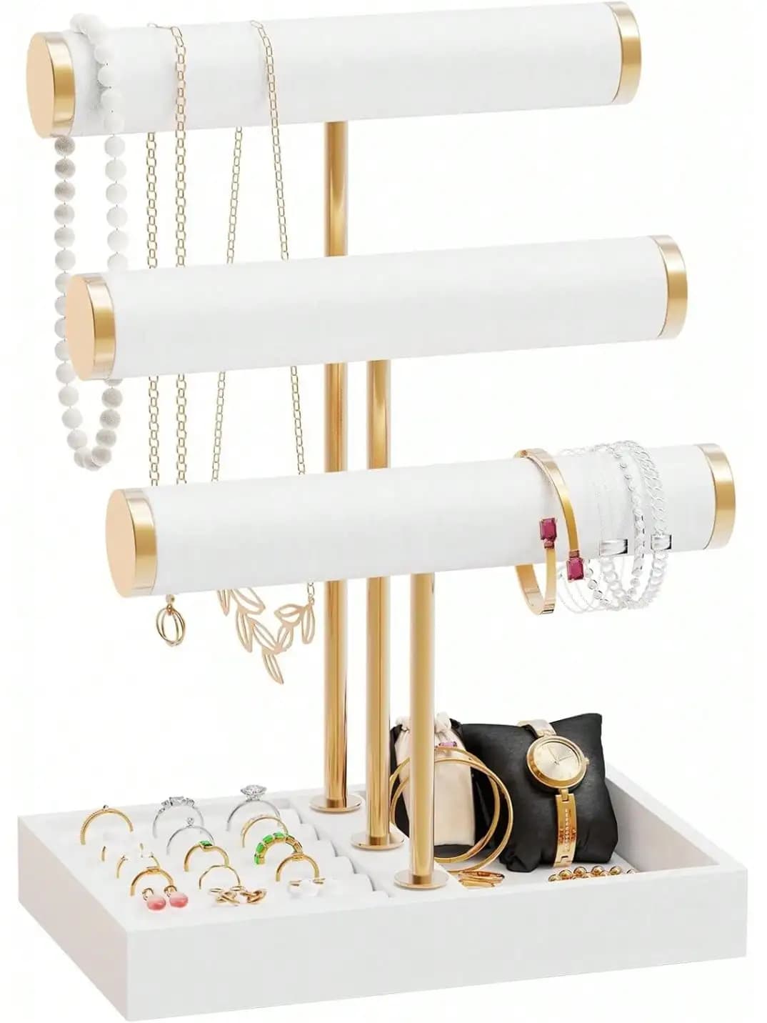 3 Tier Jewelry Organizer Stand, Necklace And Bracelet Holder Display For Necklaces, Watches And Rings Beige