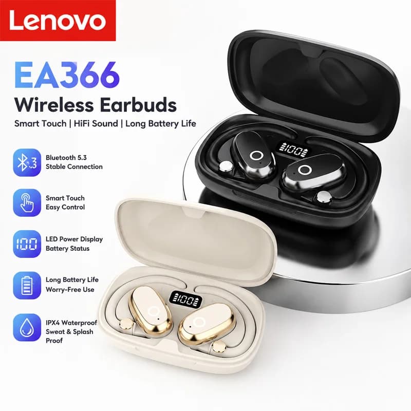 Lenovo New EA366 Bluetooth V5.4 Earphones LED Power Display Gaming Headphones Waterproof Anti-sweat Upgraded Wireless Earbud