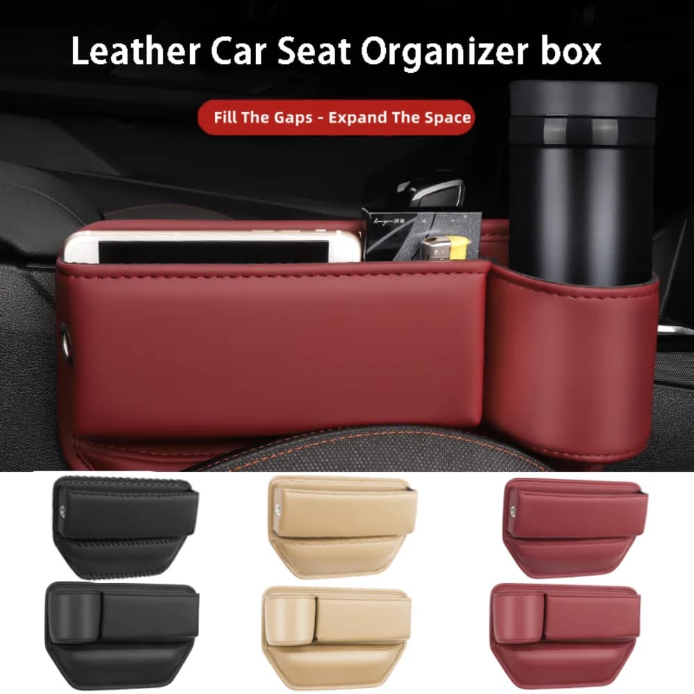 Organizer per seggiolino auto in pelle PU premium | Portabicchieri e portaoggetti per telefono | Organizzatore automatico per riempire fessure per console universale