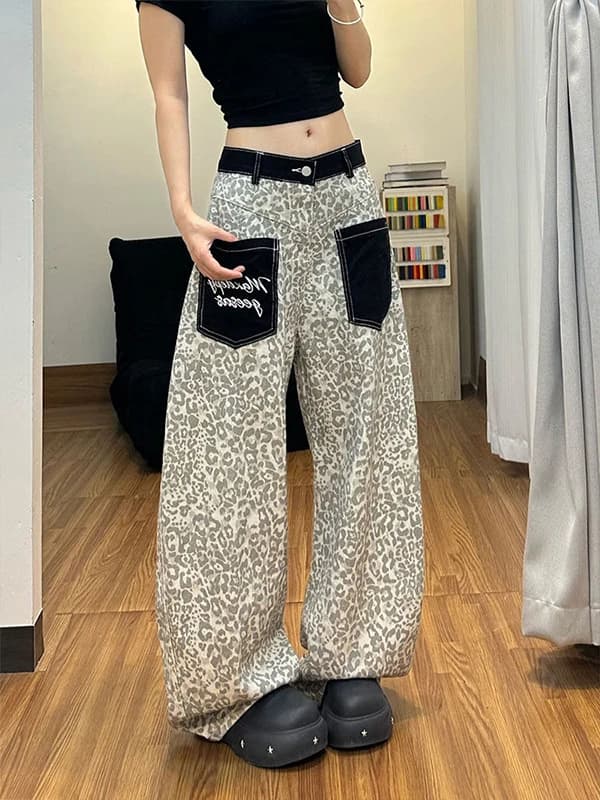 American High Street Leopard Print Patch Loose Wide Leg Knife Jeans Women Summer New Casual Loose Pants Cotton Polyester Blend