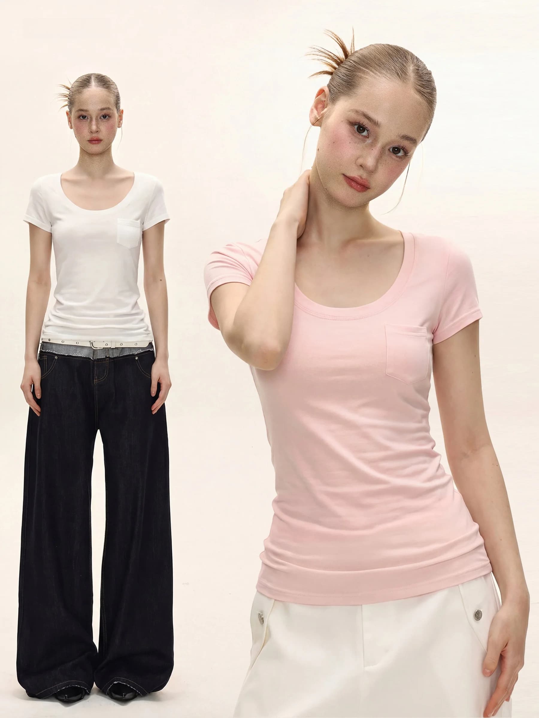 Slim Fit American Style Short Sleeve T-Shirt for Women Summer Basic Pocket Design Casual Breathable round Neck Top