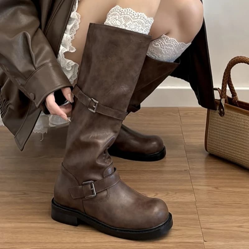 Women's High Knee Boots with Vintage Waist Belt Buckle Stylish Shoes On With Low Heel Long Boots Women's Autumn Winter