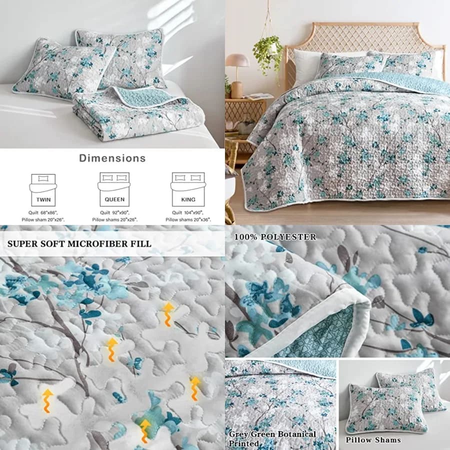 Botanical Quilt Set Full Queen Size, 3 Pieces Grey and Aqua Elegant Floral Printed Summer Bedding Set, Soft Microfiber Lightwei