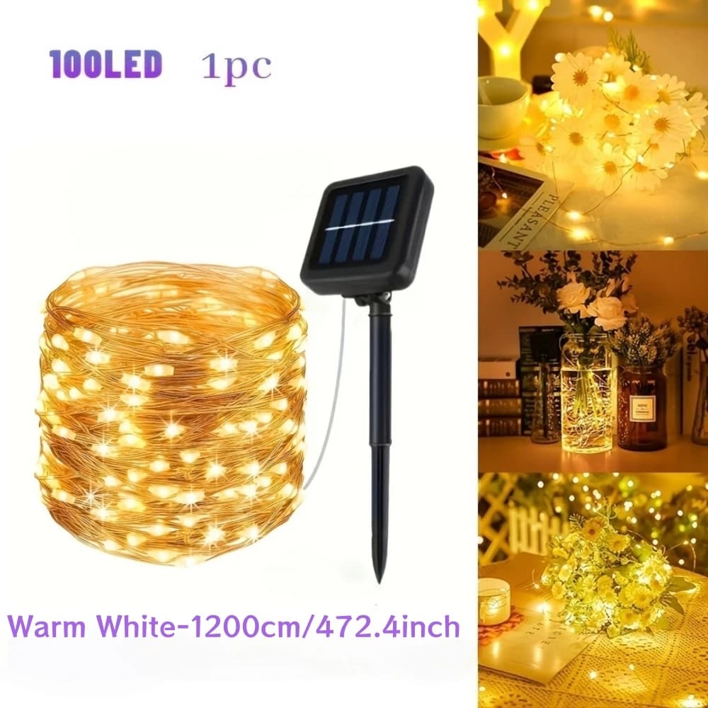 Stringa di luce fata in filo di rame da 1 pezzo 100 LED, alimentata a energia solare, 8 modalità di illuminazione, adatta per matrimoni, interni, festival, camere da letto