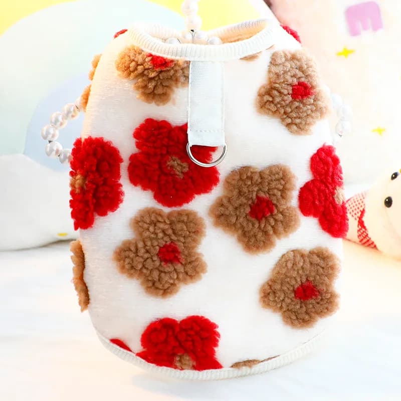 Cute Dog Clothes Autumn Winter Thick Cat Princess Dress, 3D Floral Fleece Leash Pet Apparel for Small Dogs Teddy