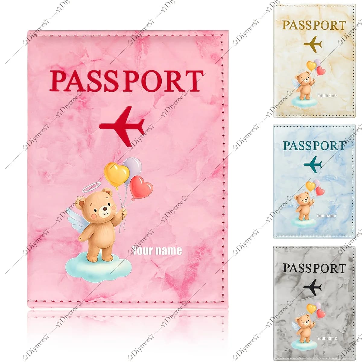 Porta passaporto personalizzato con nome, illustrazione orsetto angelo e palloncini, con elementi di orsetto e palloncino a forma di cuore