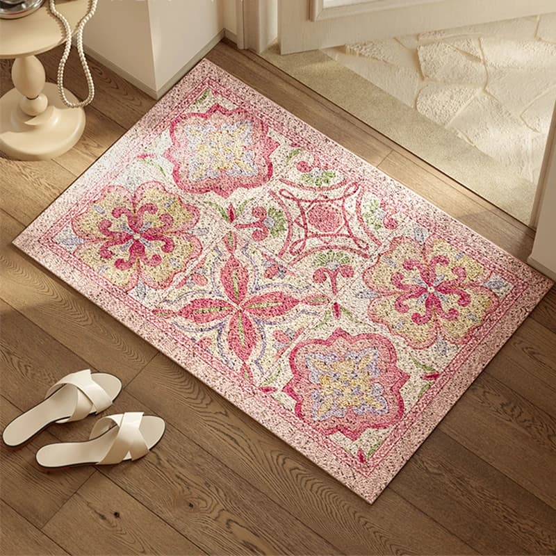 PVC Foot Mat Pink Classic Square Floor Mat Dust Scrapping Home Entrance Footmat Soft Pastoral Style Carpet Retro Dector Rugs