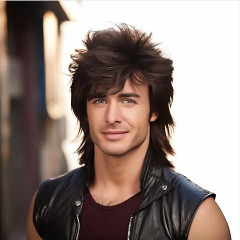 HAIRJOY Capelli sintetici Parrucca Mullet Parrucche divertenti per adulti per uomo Parrucca Pop Rock Parrucca Joe Dirt per parrucca anni '70 anni '80 Parrucche sintetiche marroni