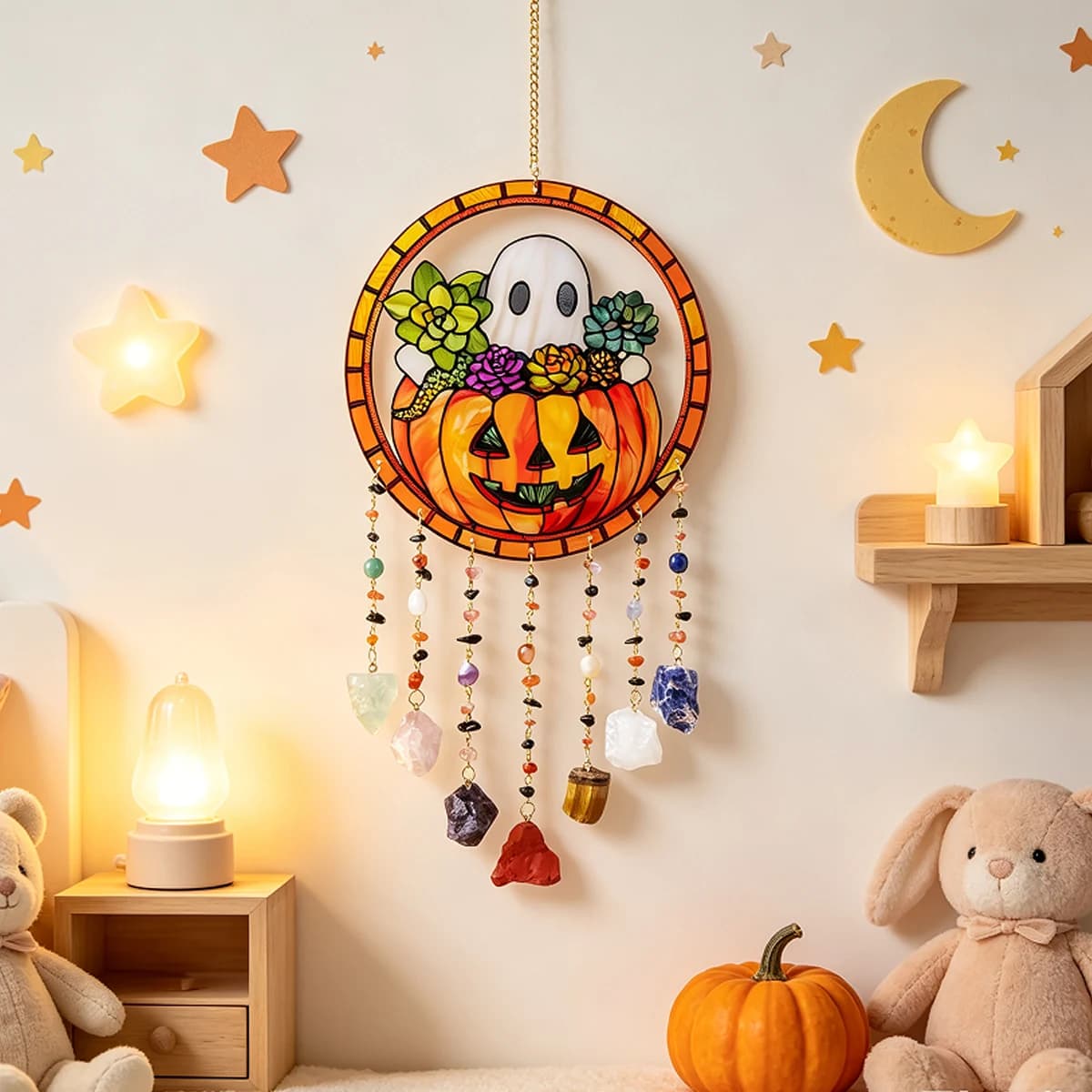 1pc Halloween Stained Dreamcatcher with Natural Crystal Chips Black Cat Pumpkin Ghost Window Wall Hanging Home Party Decor Gif