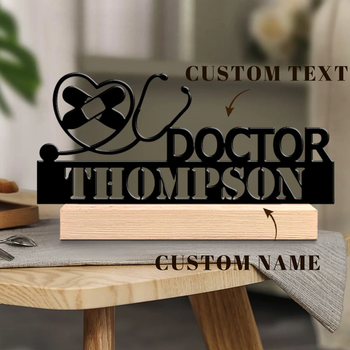 1pc Personalized Desktop Metal Ornaments Custom Content Equipped with A Wooden Base Home and Office Decorations,Christmas Gifts