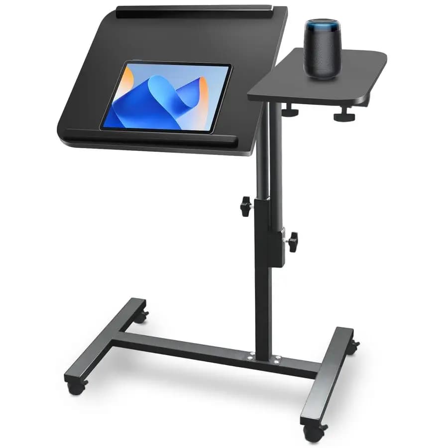 Adjustable Bed Table in Height with Double Inclination and Rotation, Laptop Desk with Wheels, Mobile Foldable Tray for TV and Dinner
