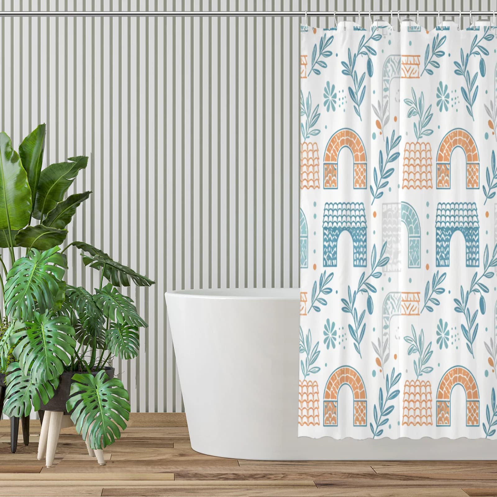 Boho Arch Floral Leaf Shower Curtain Waterproof Polyester Bohemian Fresh Style Bathroom Bathtub Partition Decor Curtain