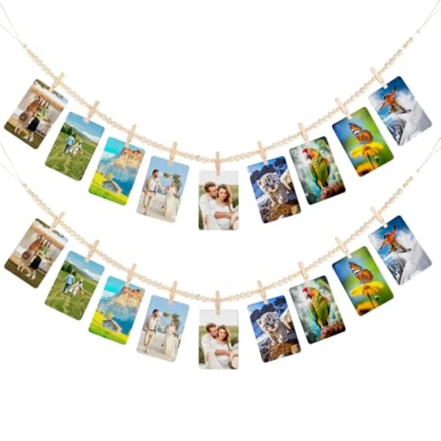 2 Pack Hanging Photo Display with Clips, Boho Wooden Bead Garland Wall Decor, Collage Picture Frame String with 9 Clips for Bed