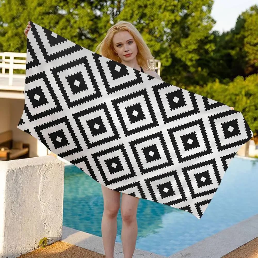 Teli Mare Grandi in Microfibra Neri Geometrici Stile Nordico, Asciugatura Rapida, per Spiaggia, Piscina, Viaggi, Nuoto e Yoga
