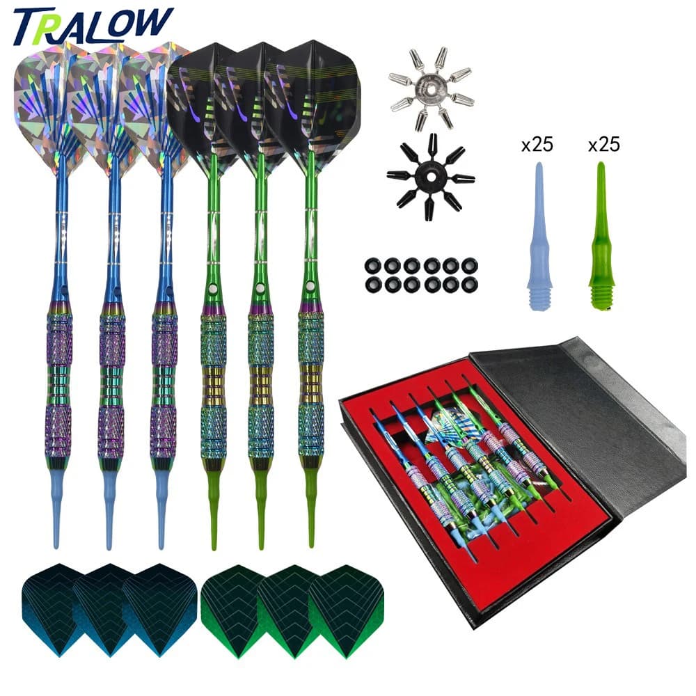 TRALOW 6pcs Darts Plastic Tip Set-Colorful Rainbow Soft Tip Darts,12O-Rings,6 Dart Flights,50 Soft Tips,For Electronic Dartboard