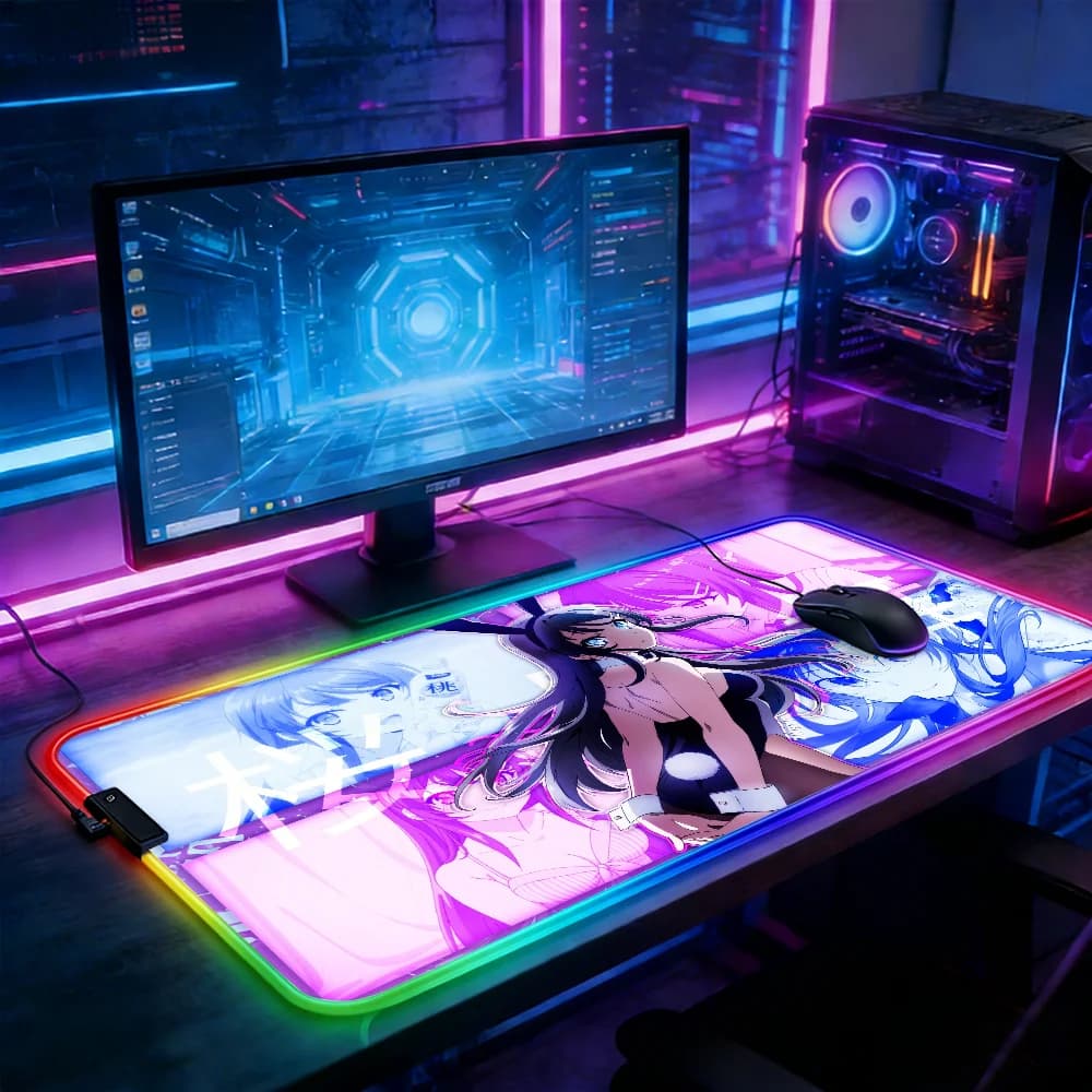 Tappetino per mouse con illuminazione a LED RGB Tappetino per tastiera da gioco E-sports Tappetini da tavolo Sakurajimas-Mai Bunny Anime Deskmat Accessori per laptop Mousepad