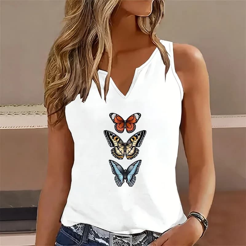 T-shirt estivo primaverile colorato con farfalle, senza maniche, scollo a V, casual, da donna, a maniche corte
